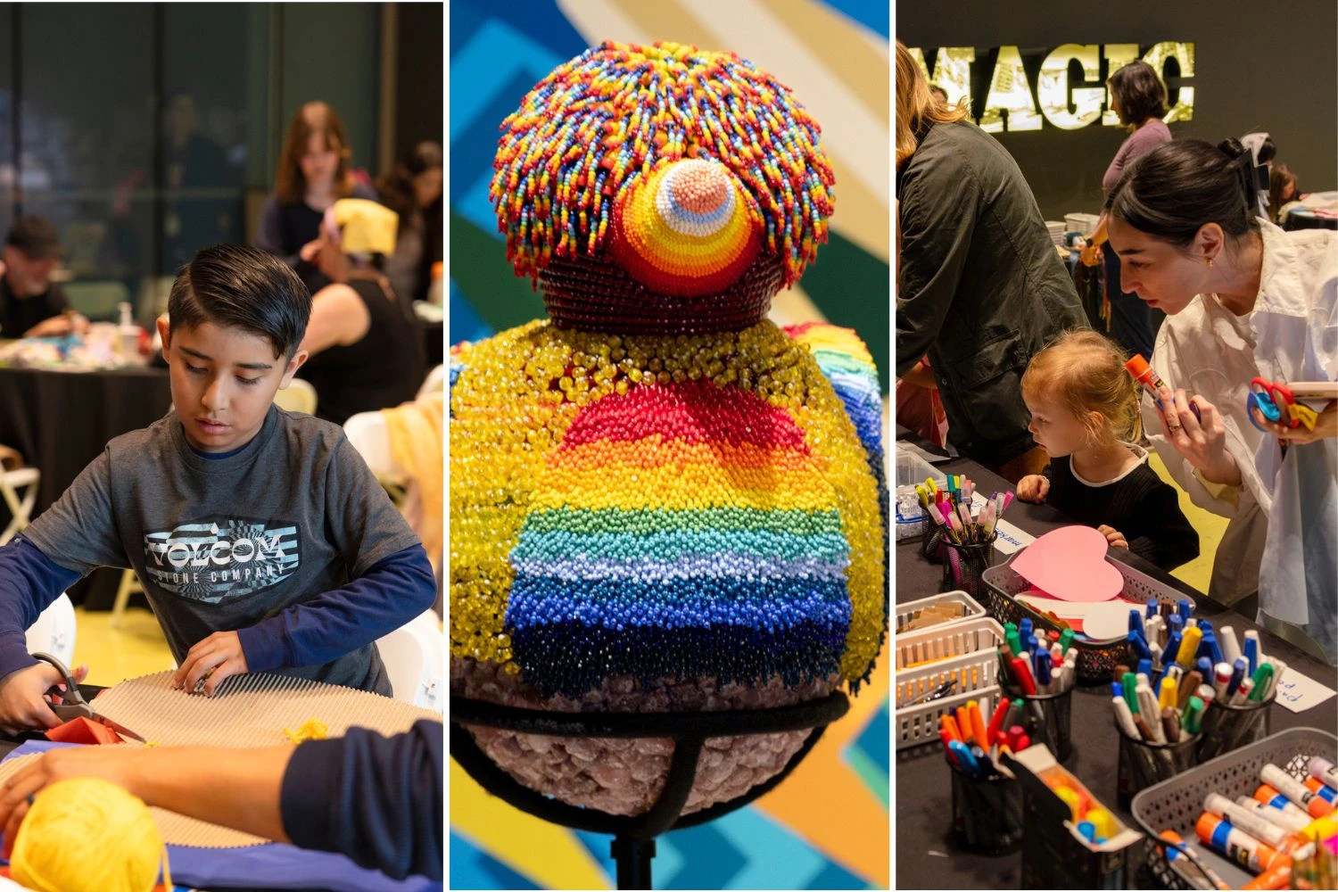 Three photo collage: two photos have families participating in past Family Weekend Workshops, doing arts and crafts, and picking out materials. The photo in the middle is a multi-colored beaded bird sculpture by Jeffrey Gibson on view at The Broad